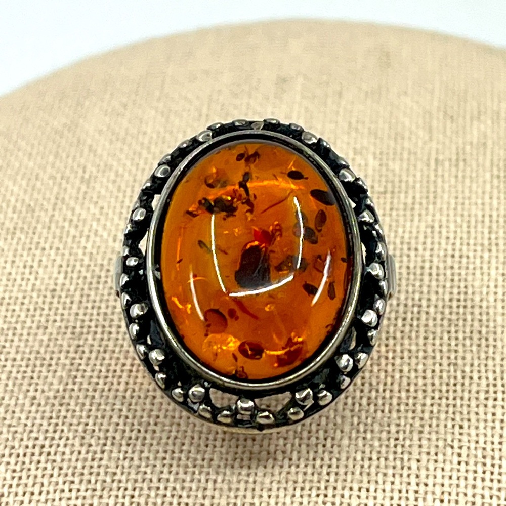 Vintage 925 Poland Baltic Amber Sterling Silver Ring, Size 5.5